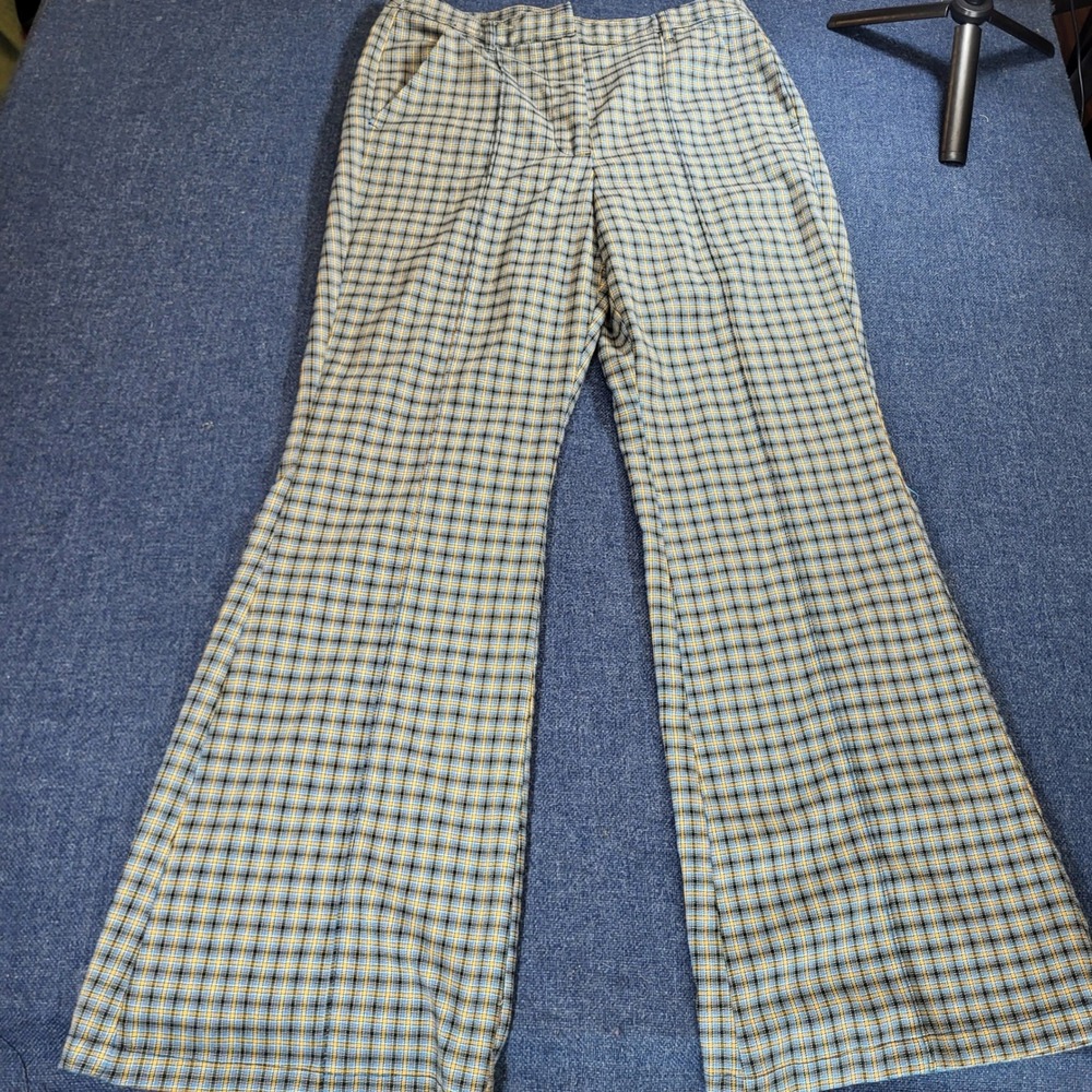 Urban Outfitters Blue Yellow Plaid Flare Leg Trousers High Rise Pants Size 10